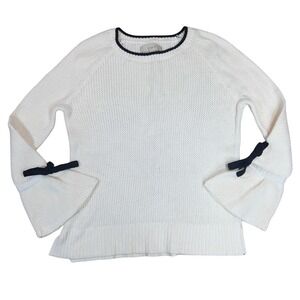 LOFT Cream Knit Sweater w Black Bow Sleeve Ties Cotton Pullover Size M